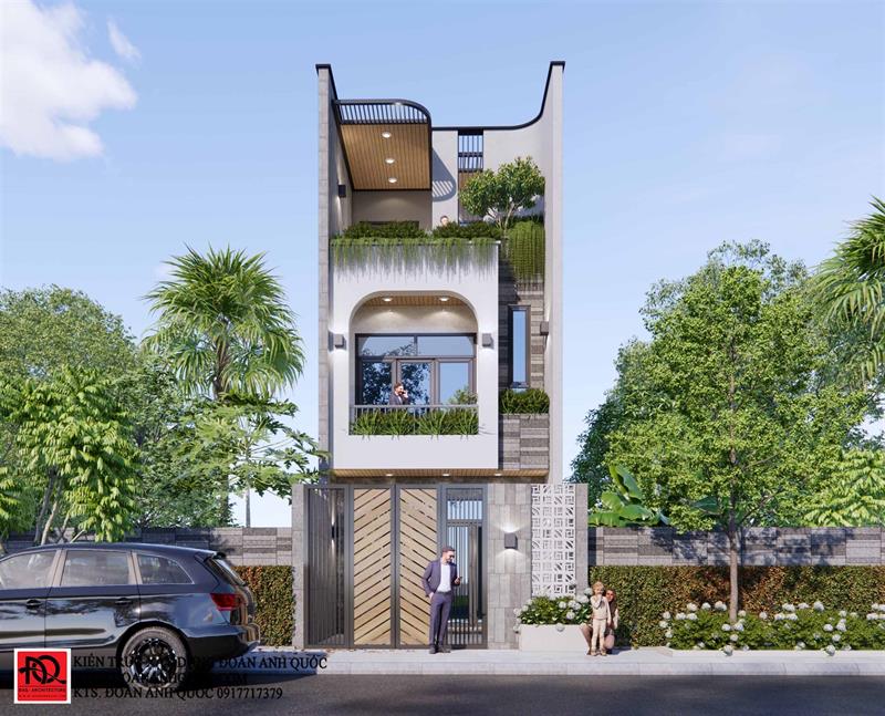 Thiết kế nhà Phan Thiết, Xây nhà trọn gói Phan Thiết, Thi công nhà trọn gói Phan Thiết, Thiết kế Thi công nội thất Phan Thiết Bình Thuận, Công ty Xây dựng Bình Thuận, Thiết kế nhà Bình Thuận, Xây nhà trọn gói Bình Thuận. Mẫu nhà phố mặt tiền 5m 3 tầng thiết kế độc đáo, lạ mắt - MS 104